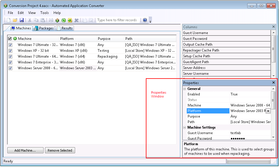 Properties Window on the Machines Tab