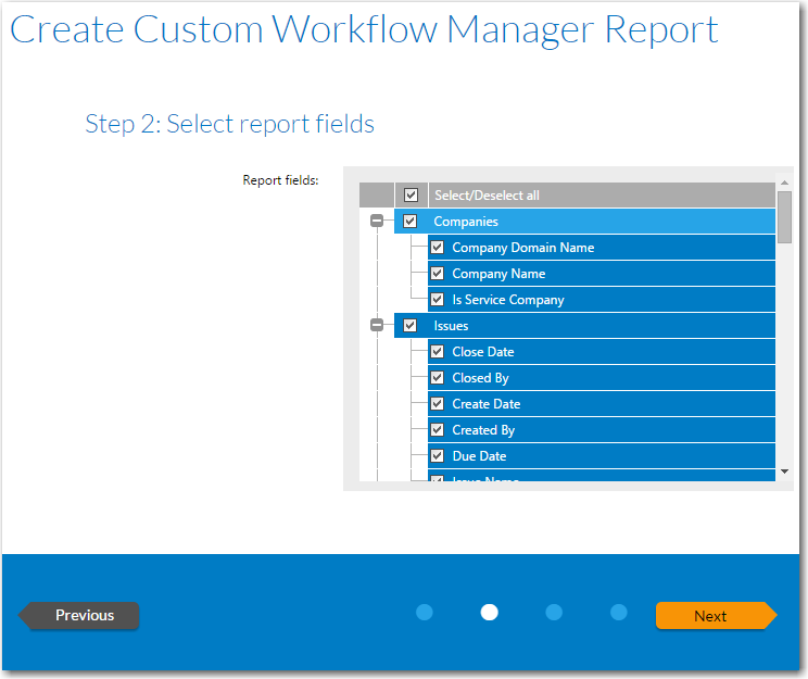 Select Report Fields Panel