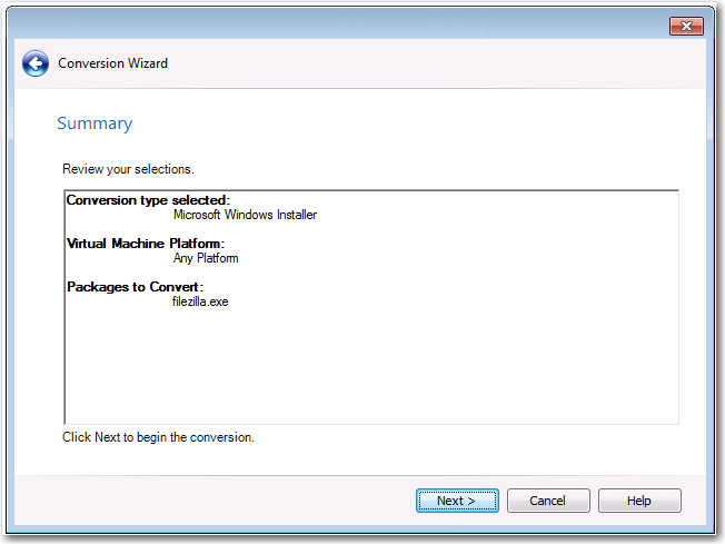 Conversion Wizard / Summary Panel