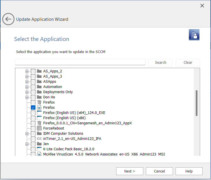 Update Application Wizard / Select the Application Panel